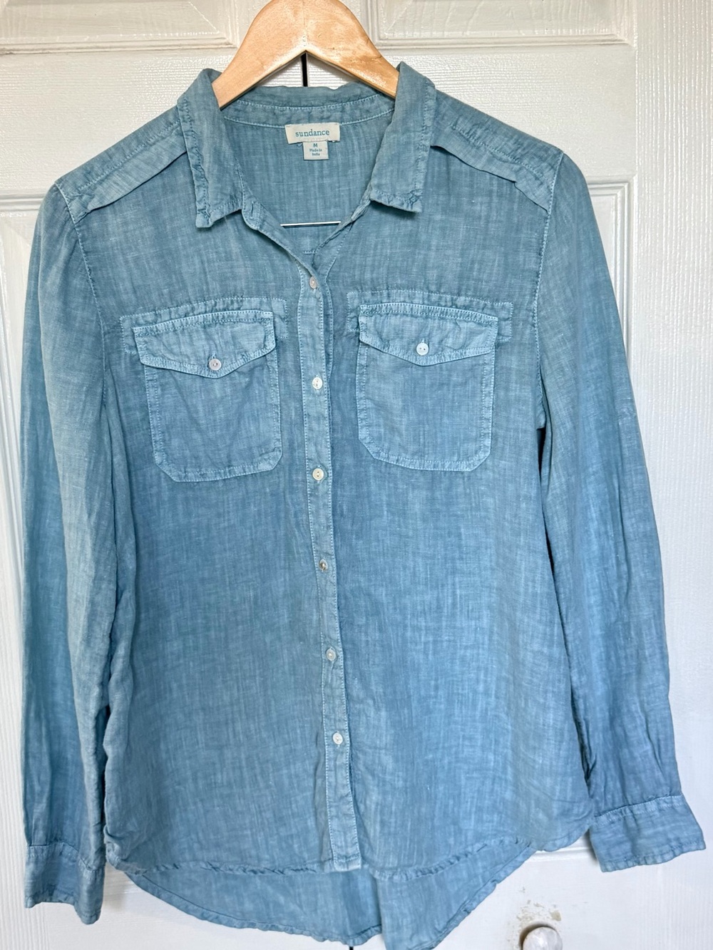Sundance 100% Linen Button Front Shirt Medium Blue Chambray Long Sleeve